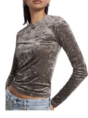 FRAME crushed velvet long sleeve fitted crewneck top neutral whimsy size XL